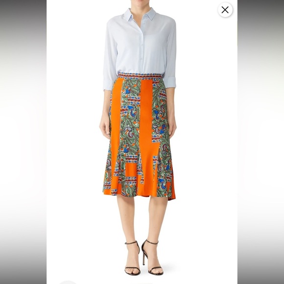Tory Burch Orange and Blue Midi A-Line Jada Tropical Pattern Skirt Size Small - Picture 1 of 11